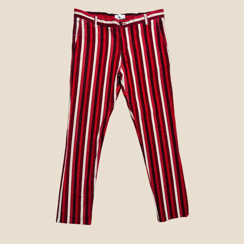 Madcap England Mens Striped Corduroy Pants Red Burgundy Cream 36W 32L 70s Style